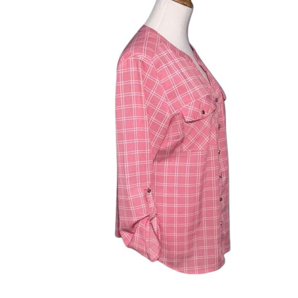 NY Collection Pink 3/4 Long Sleeve Plaid Button Front Top Size Large - Picture 3 of 13